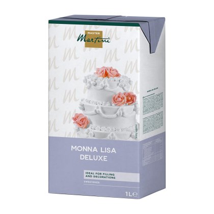 Master Martini Monna Lisa Deluxe 가당 토핑 1L 팩, 핑크 장미로 장식된 하얀 웨딩 케이크 디자인.