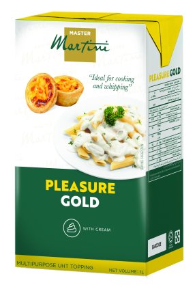 Master Martini Pleasure Gold UHT 크림 토핑 카톤, 1L, 포장에 에그타르트와 크리미 파스타 이미지 표기.