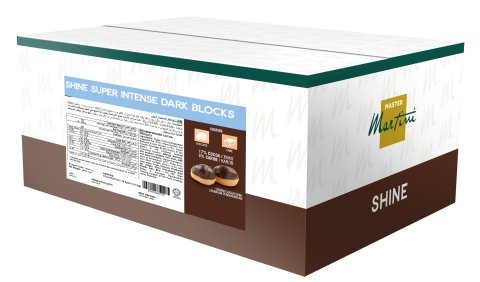 Master Martini Shine Super Intense Dark Blocks 박스, 초콜릿 코팅 아이콘과 광택 도넛 이미지 두 개