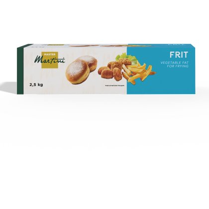 Master Martini Frit 식물성 튀김유 상자, 2.5kg, 도넛, 너겟, 감자튀김 표시.